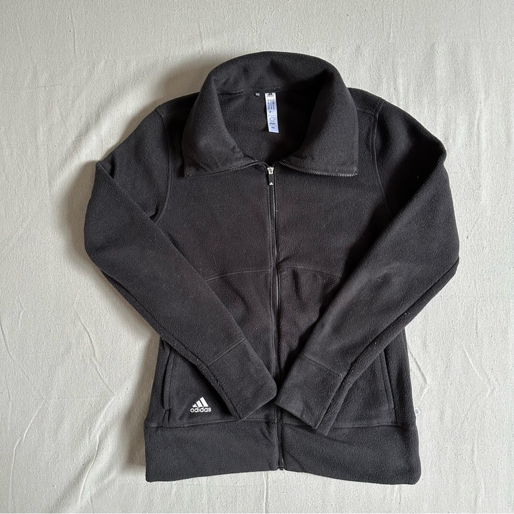 Adidas Womens Fleece Jacket Black Full Zip Minimal Logo Cozy Size S